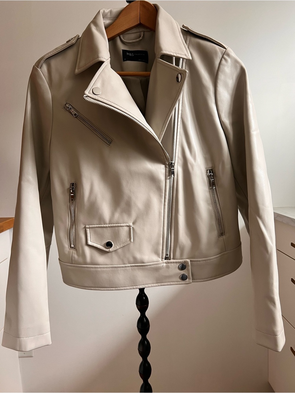 Cream Asymmetric Moto Faux Leather Jacket